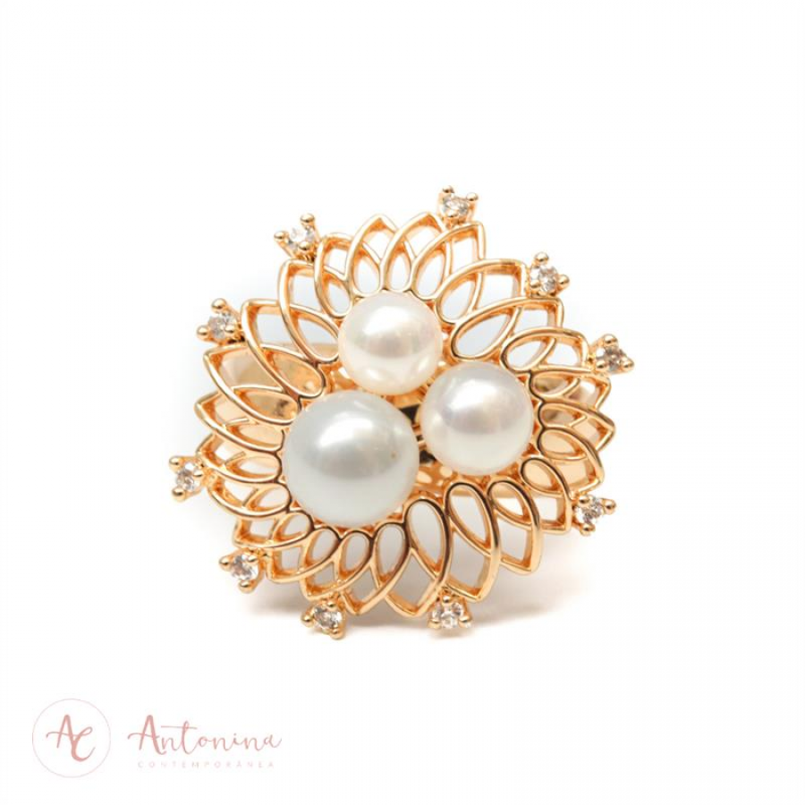 Anel Pérola Flor Banhado Em Ouro 18k