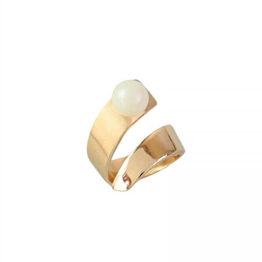 Anel Assimétrico Com Pérola Banhado Em Ouro 18k