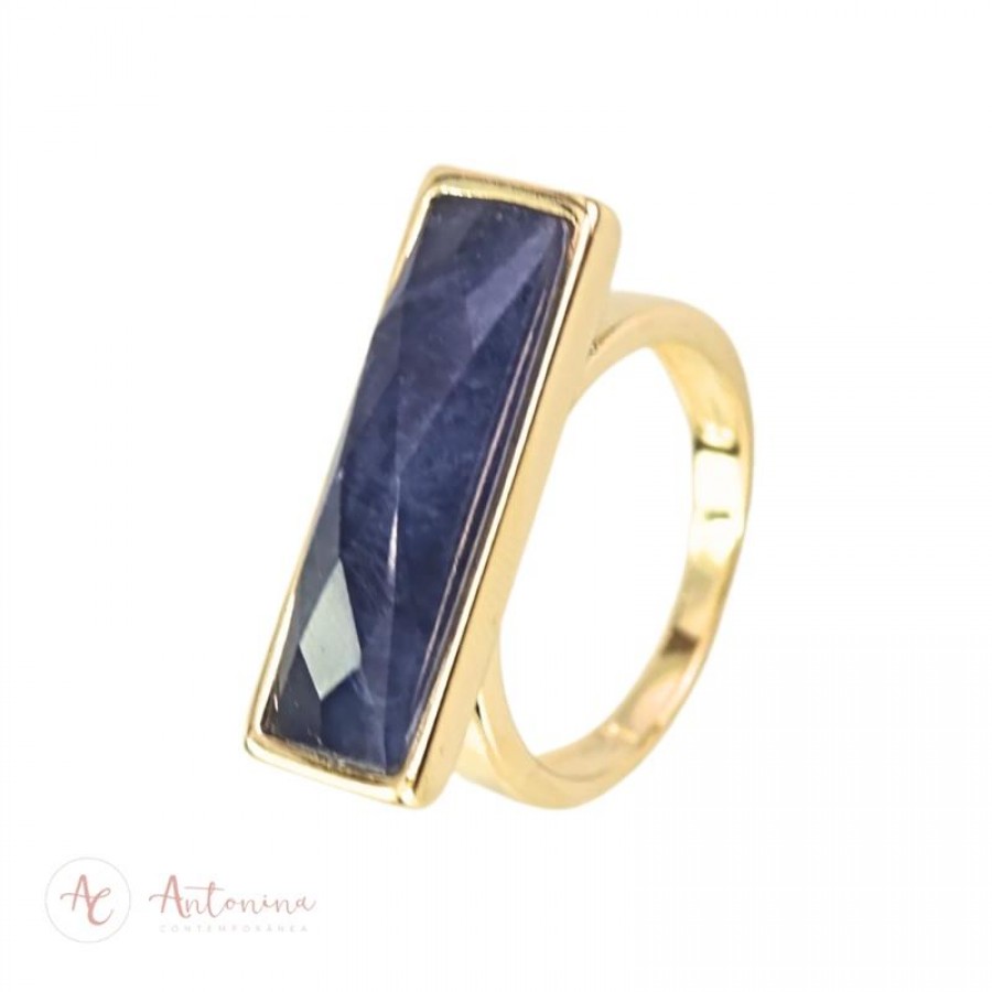 Anel Retangular Facetado Sodalita Banhado Em Ouro 18k