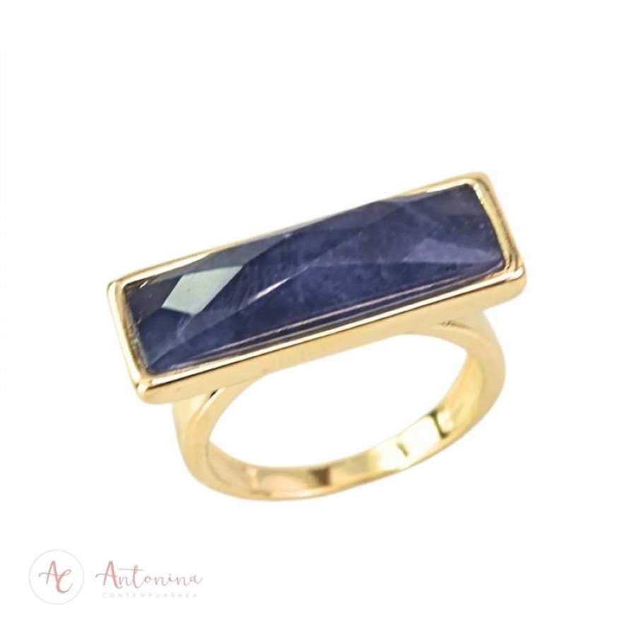 Anel Retangular Facetado Sodalita Banhado Em Ouro 18k