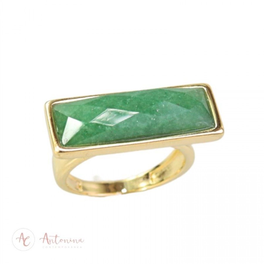 Anel Retangular Facetado Quartzo Verde Banhado Em Ouro 18k