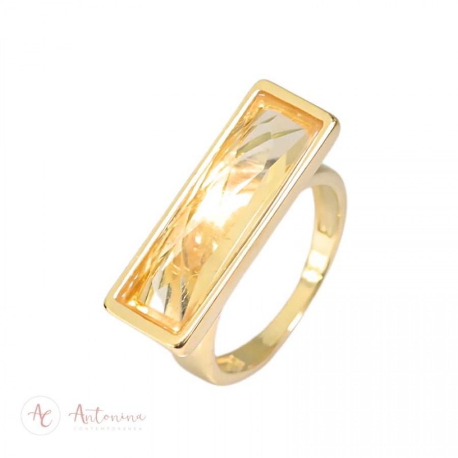Anel Retangular Facetado Citrino Banhado Em Ouro 18k