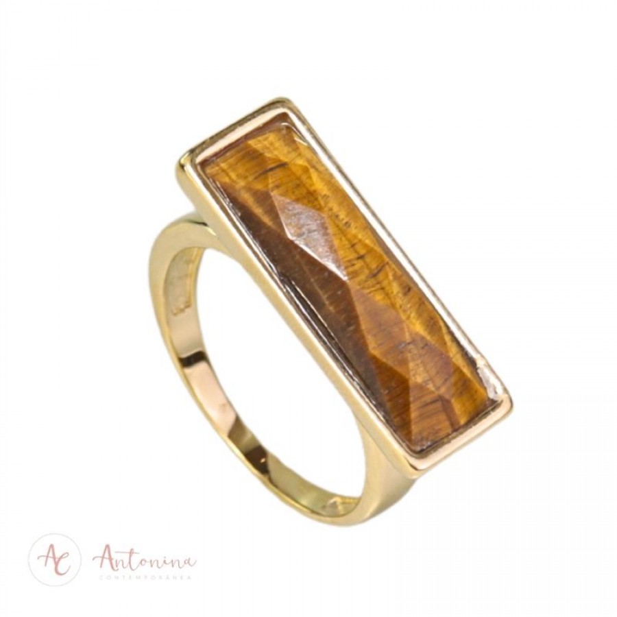 Anel Retangular Olho De Tigre Banhado Em Ouro 18k