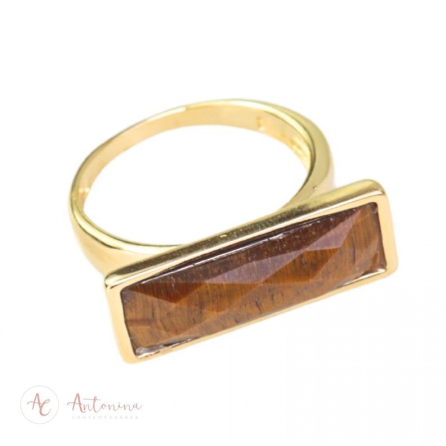 Anel Retangular Olho De Tigre Banhado Em Ouro 18k