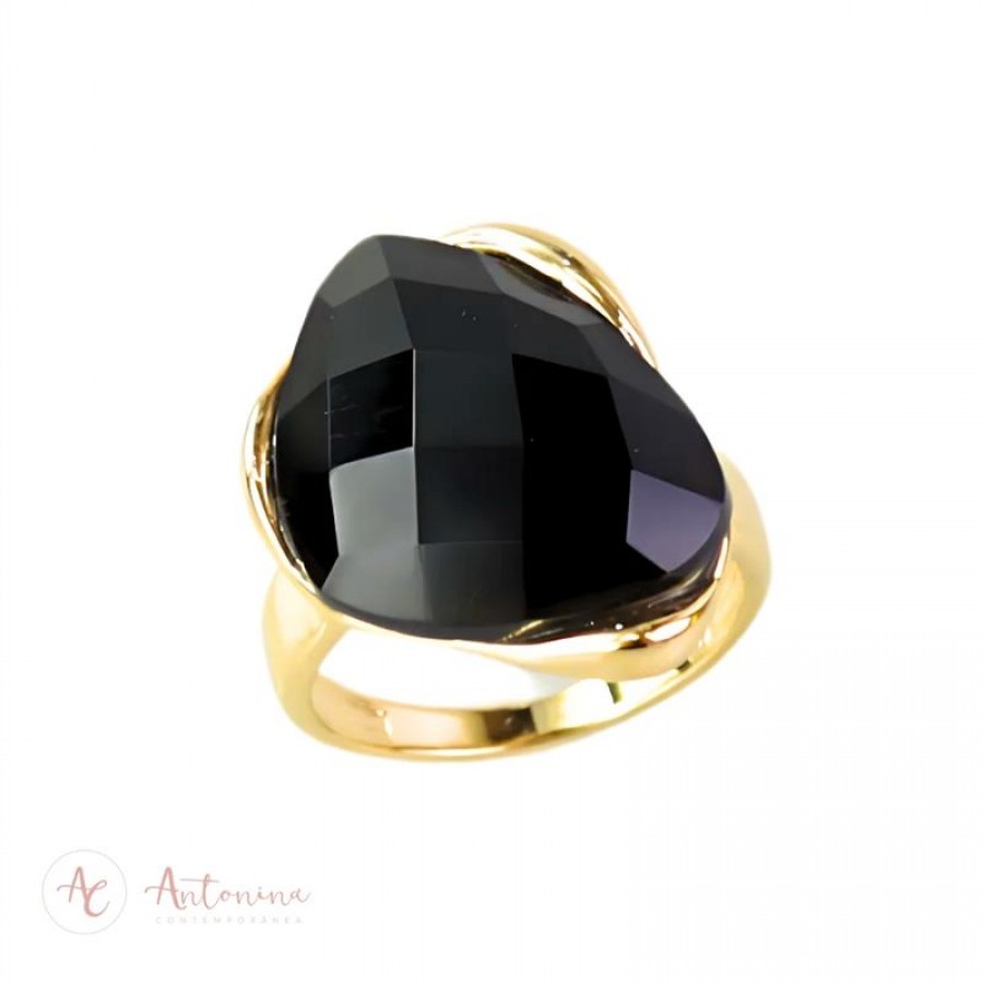 Anel Orgânico Facetado Ônix Banhado Em Ouro 18k