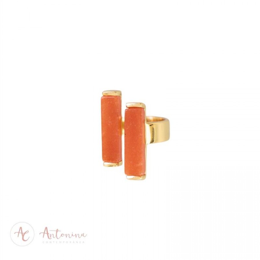 Anel Duplo Retangular Ágata Laranja Banhado Em Ouro 18k