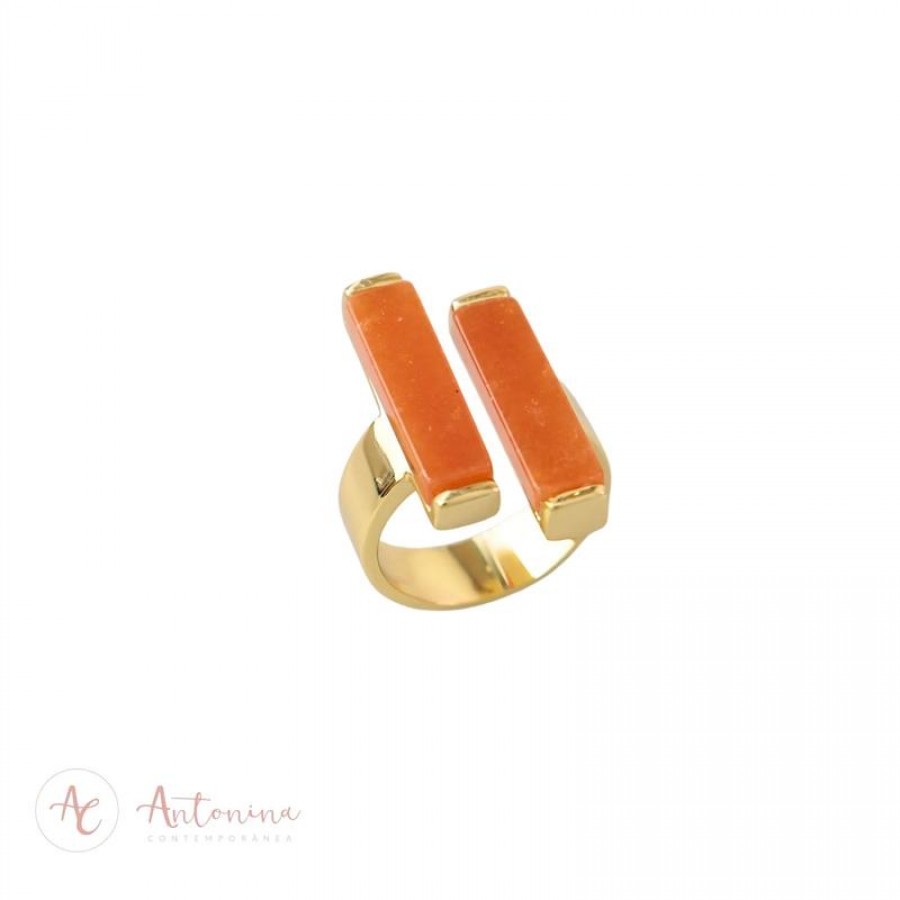 Anel Duplo Retangular Ágata Laranja Banhado Em Ouro 18k