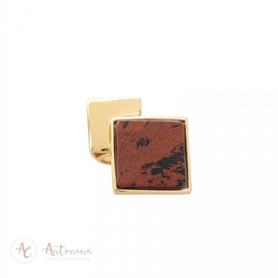 Anel Duplo Quadrado Liso Com Obsidiana Café