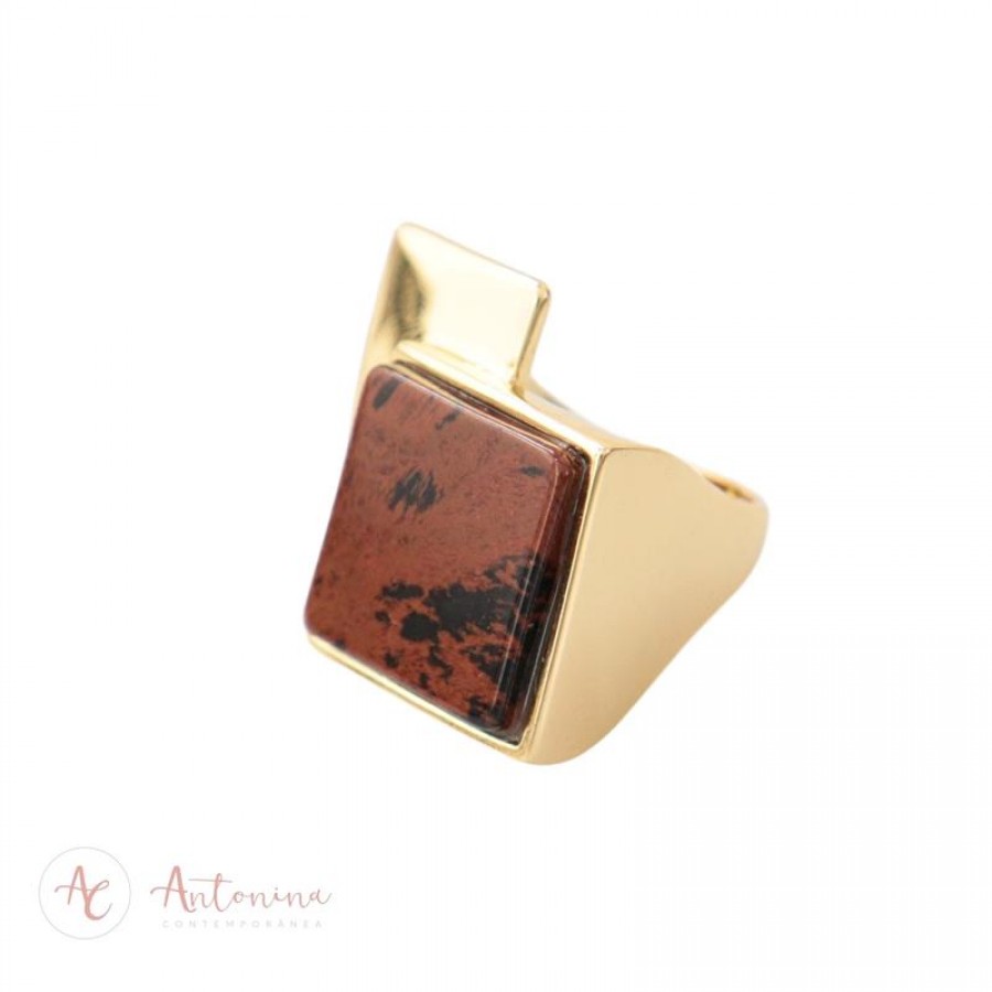 Anel Duplo Quadrado Liso Com Obsidiana Café