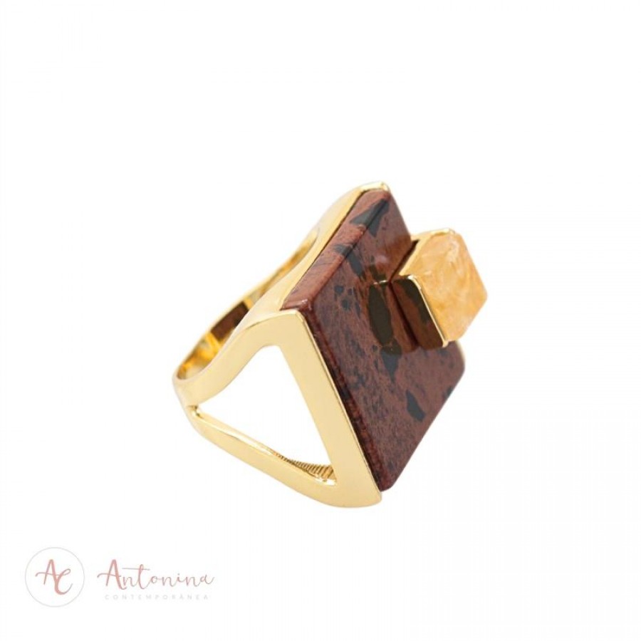 Anel Duplo Quadrado Citrino Com Obsidiana Café Banhado Em Ouro 18k