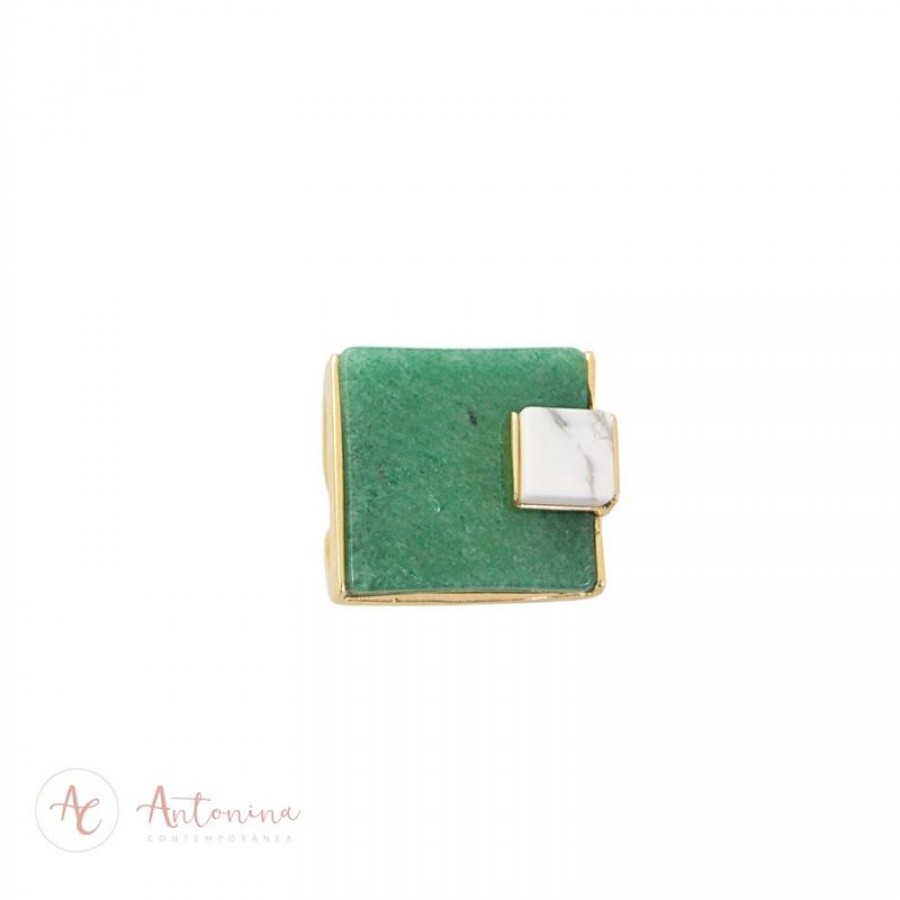 Anel Duplo Quadrado Howlita Com Quartzo Verde
