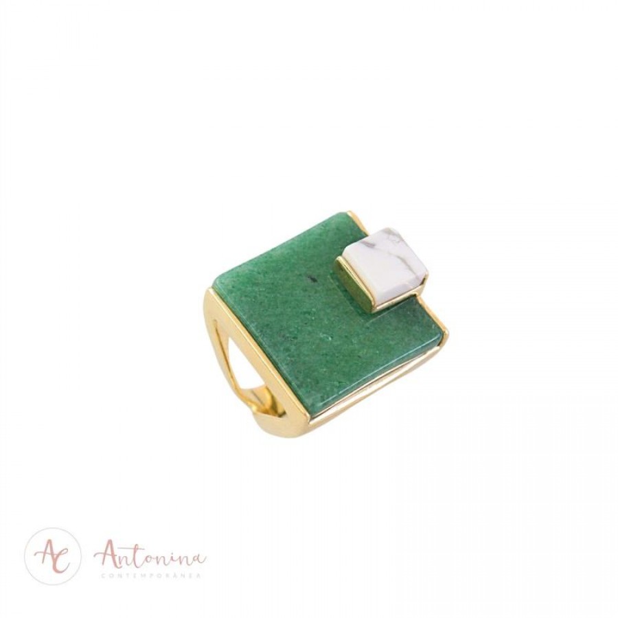 Anel Duplo Quadrado Howlita Com Quartzo Verde