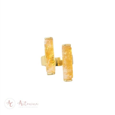 Anel Duplo Retangular Citrino Banhado Em Ouro 18k