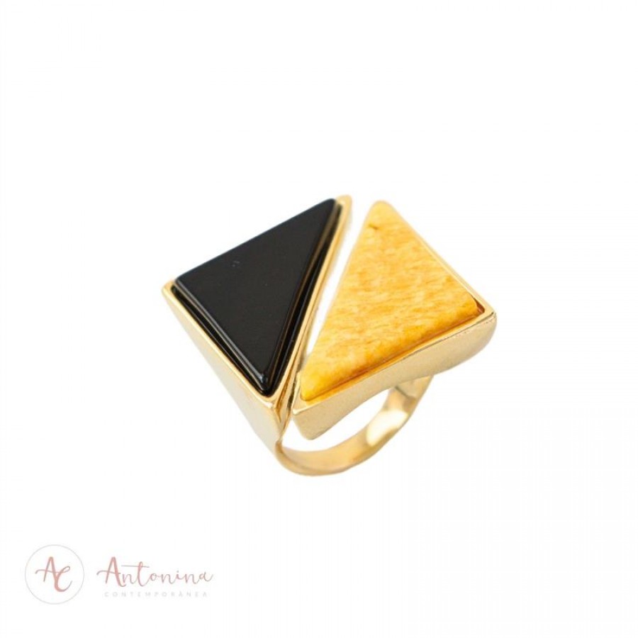 Anel Duplo Triângulo Obsidiana Negra Com Feldspato Amarelo