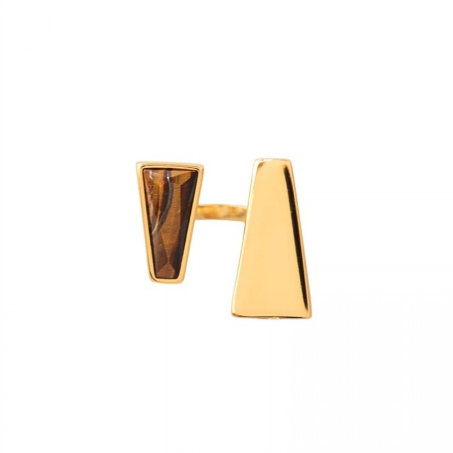Anel Duplo Trapézio Pedra Olho De Tigre  Banhado Em Ouro 18k
