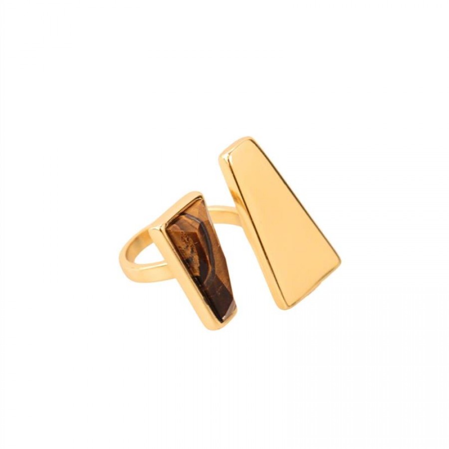Anel Duplo Trapézio Pedra Olho De Tigre  Banhado Em Ouro 18k