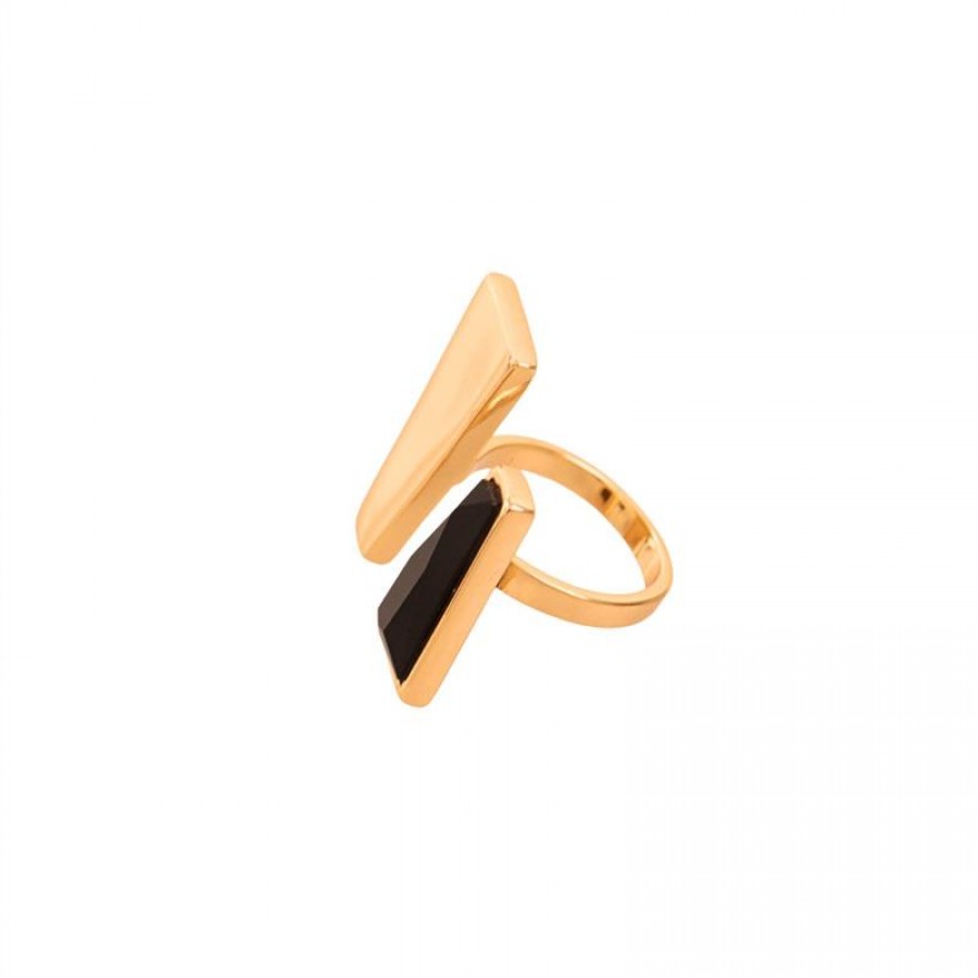 Anel Duplo Trapézio Ônix Banhado Em Ouro 18k
