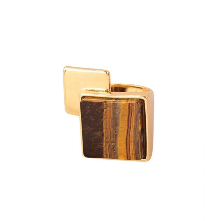 Anel Duplo Quadrado Liso Pedra Olho De Tigre Banhado  Em Ouro 18k