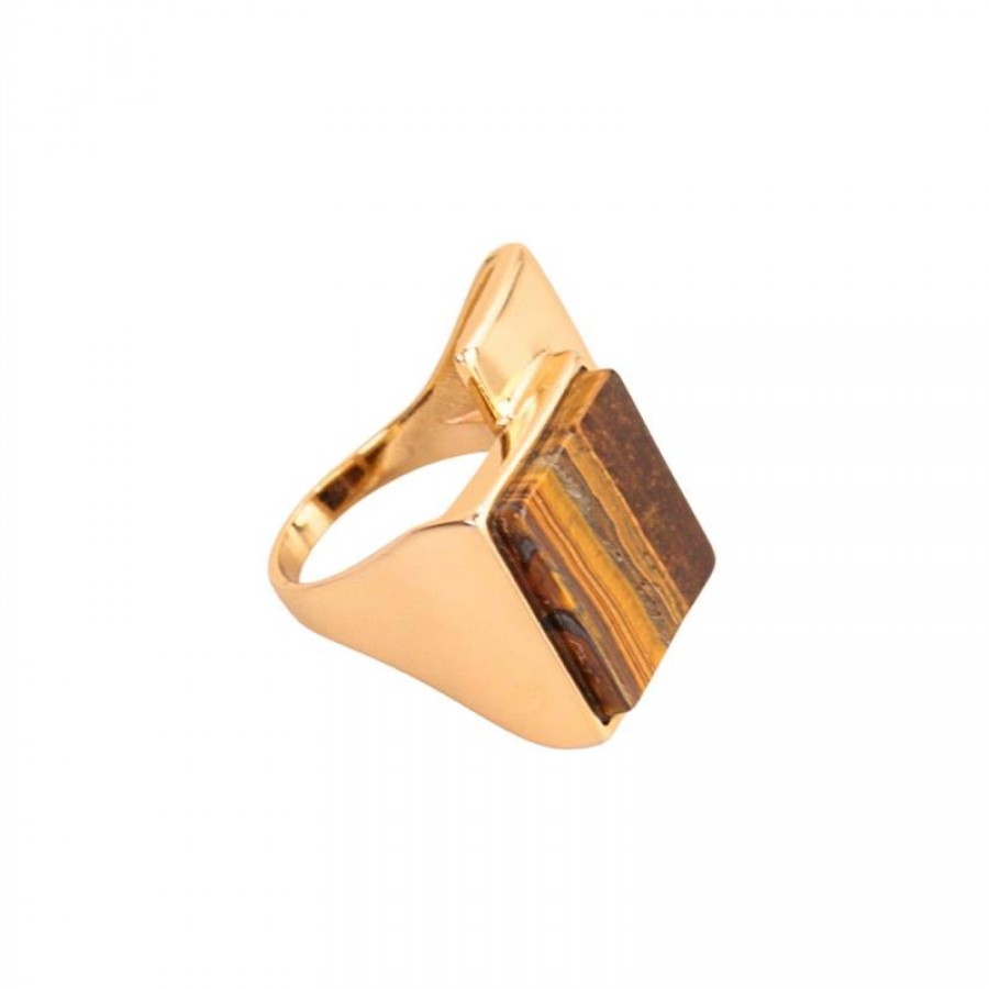 Anel Duplo Quadrado Liso Pedra Olho De Tigre Banhado  Em Ouro 18k