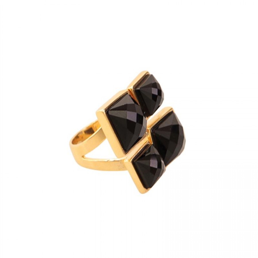 Anel Xadrez Pedra Ônix Facetada Banhado Em Ouro 18k