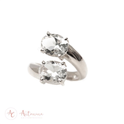 Anel Duplo Cristal Oval Banhado Em Prata<br><span style='color:#fff;'>Joias</span>