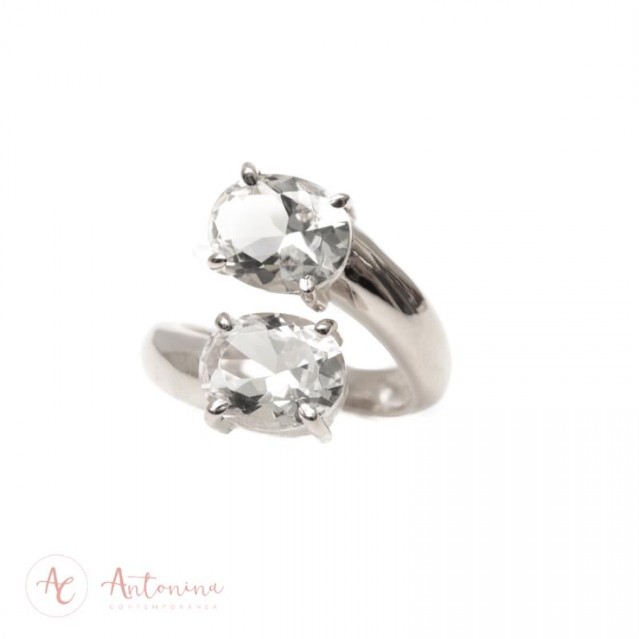 Anel Duplo Cristal Oval Banhado Em Prata