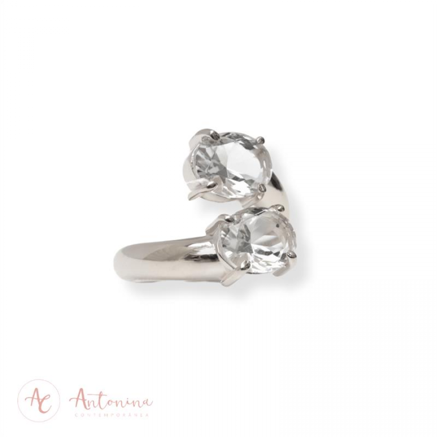 Anel Duplo Cristal Oval Banhado Em Prata