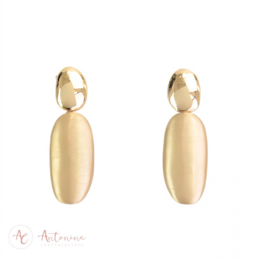 Brinco Pingente Oval Fosco Banhado Em Ouro 18k
