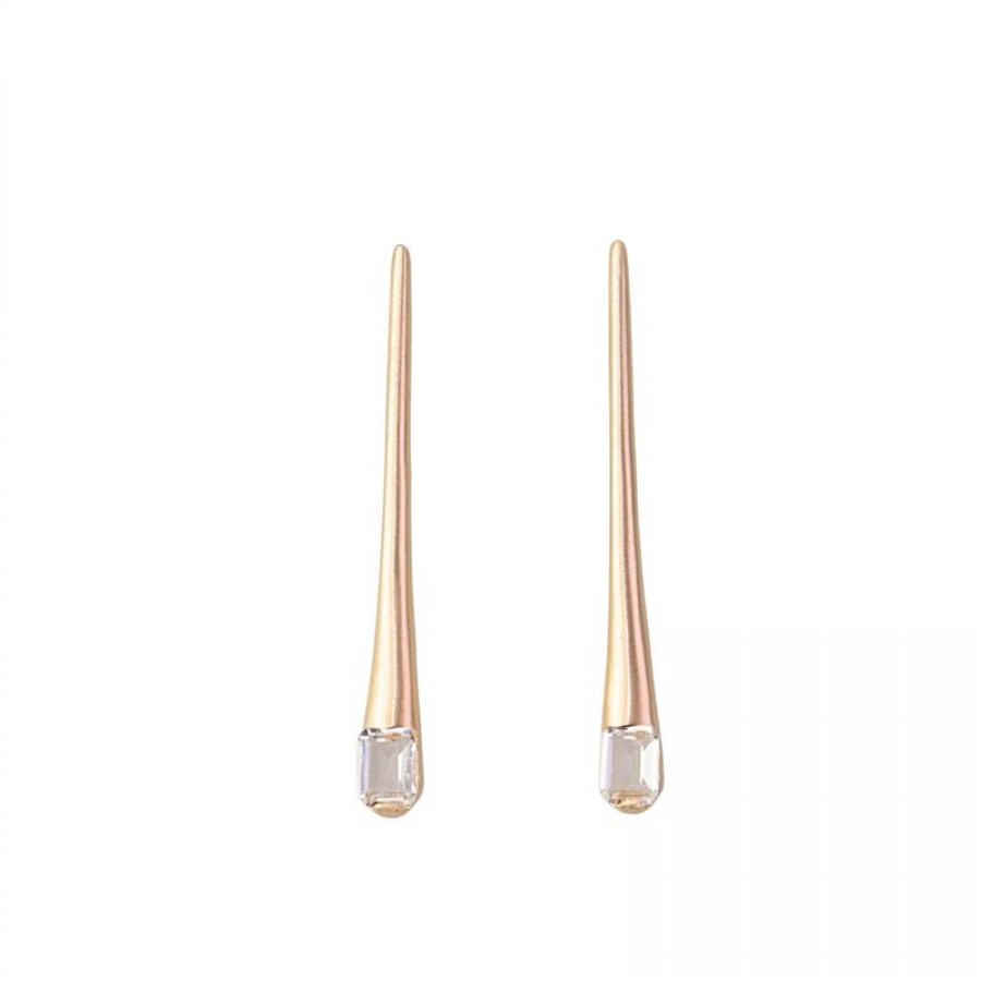 Brinco Palito Fino Fosco Com Cristal Banhado Em Ouro 18k