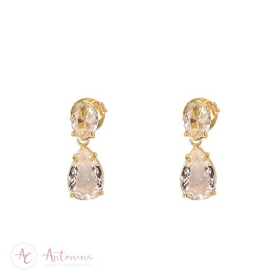 Brinco Duplo Cristal Gota  Mini Banhado Em Ouro 18k