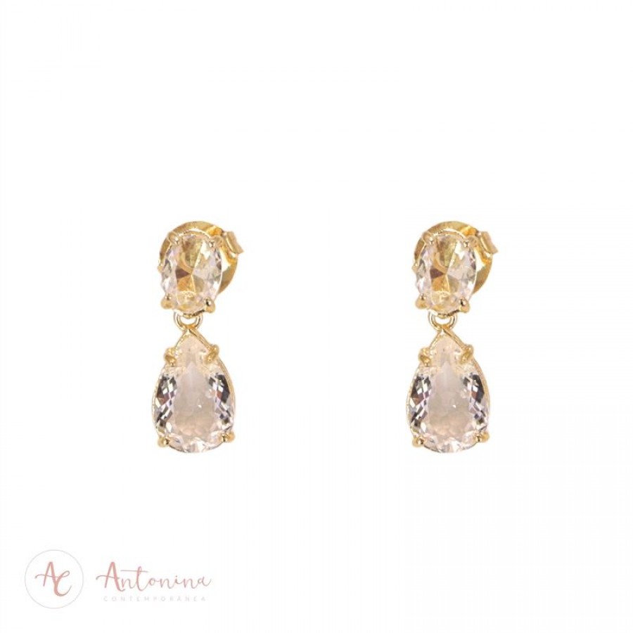Brinco Duplo Cristal Gota  Mini Banhado Em Ouro 18k
