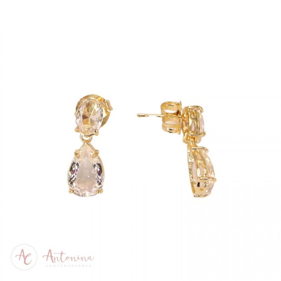 Brinco Duplo Cristal Gota  Mini Banhado Em Ouro 18k