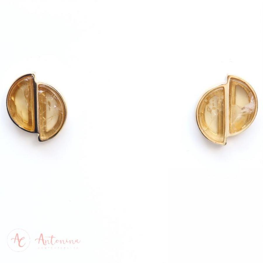Brinco Meia Lua Dupla Pedra Natural Citrino Banhado Em Ouro 18k