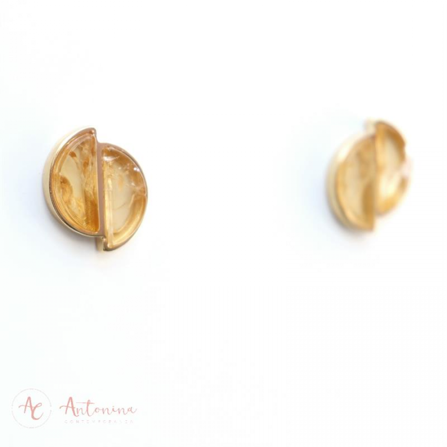 Brinco Meia Lua Dupla Pedra Natural Citrino Banhado Em Ouro 18k