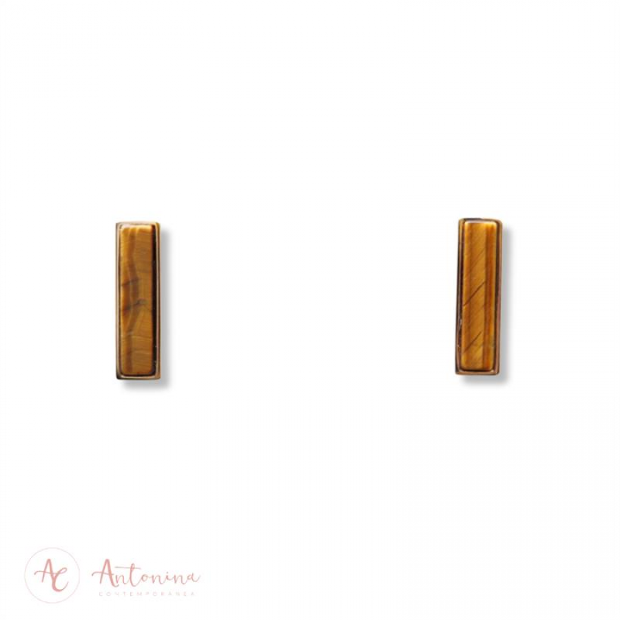 Brinco Palito De Pedras Naturais Olho De Tigre Banhado Em Ouro 18k