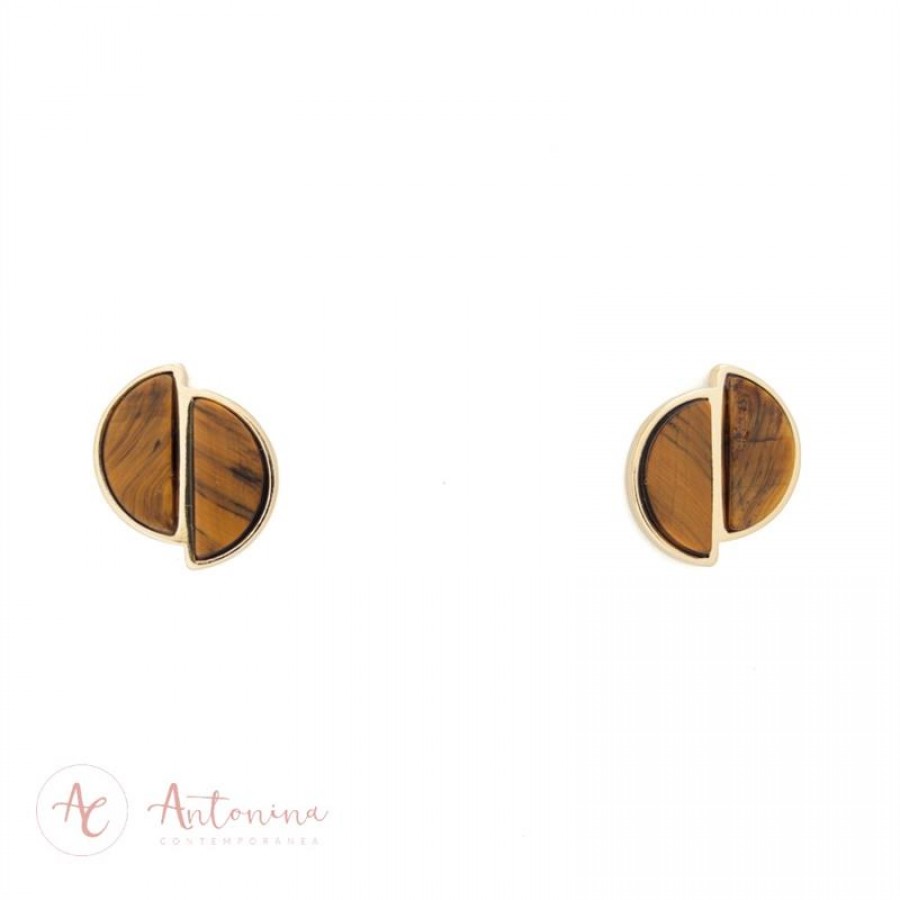 Brinco Meia Lua Dupla Pedra Natural Olho De Tigre Banhado Em Ouro 18k