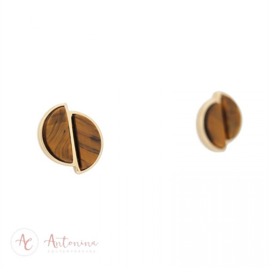 Brinco Meia Lua Dupla Pedra Natural Olho De Tigre Banhado Em Ouro 18k