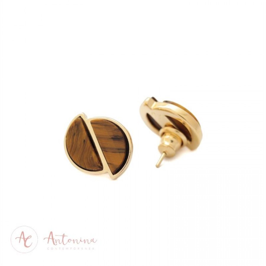 Brinco Meia Lua Dupla Pedra Natural Olho De Tigre Banhado Em Ouro 18k