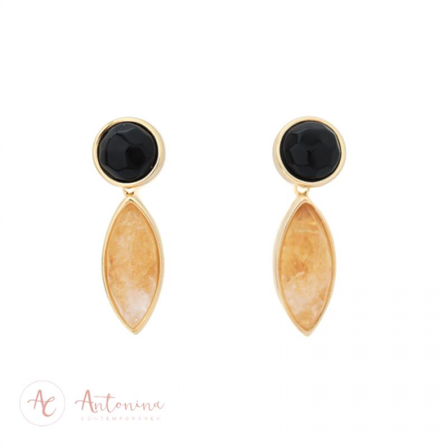 Brinco Pingente Navete Pedra Natural Obsidiana Negra E Citrino Banhado Em Ouro 18k