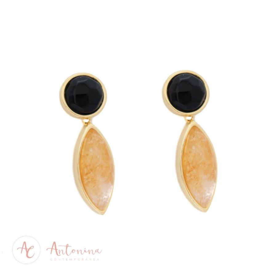Brinco Pingente Navete Pedra Natural Obsidiana Negra E Citrino Banhado Em Ouro 18k