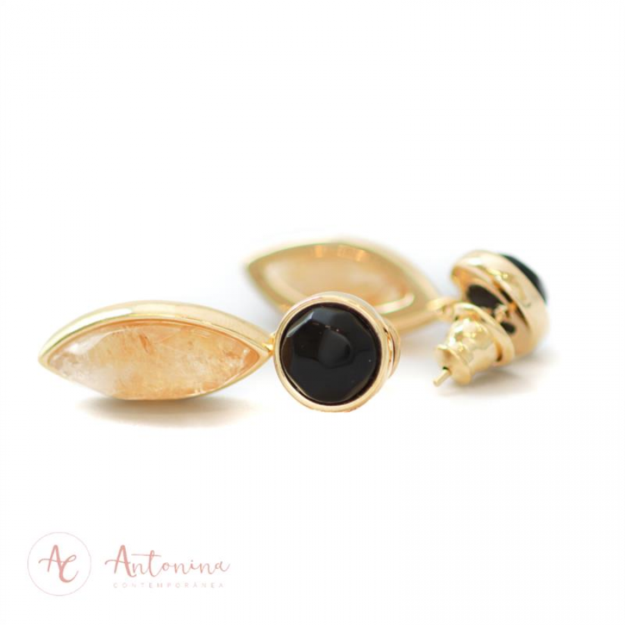 Brinco Pingente Navete Pedra Natural Obsidiana Negra E Citrino Banhado Em Ouro 18k