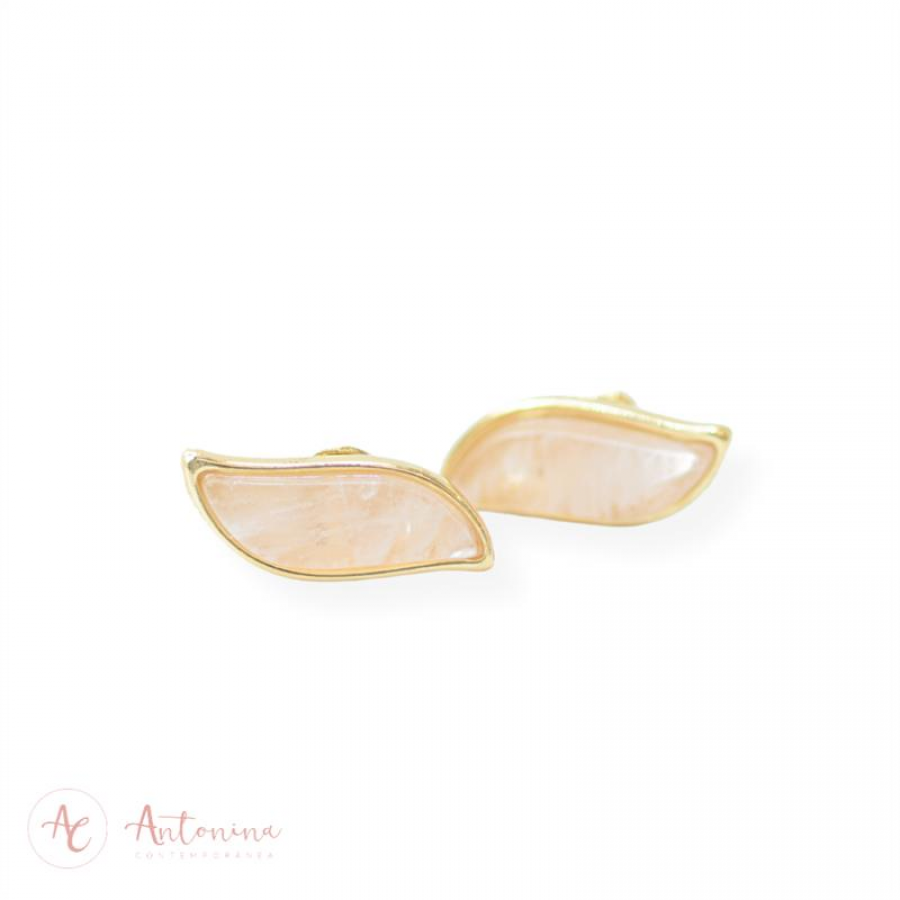 Brinco Onda Quartzo Rosa Banhado Em Ouro 18k