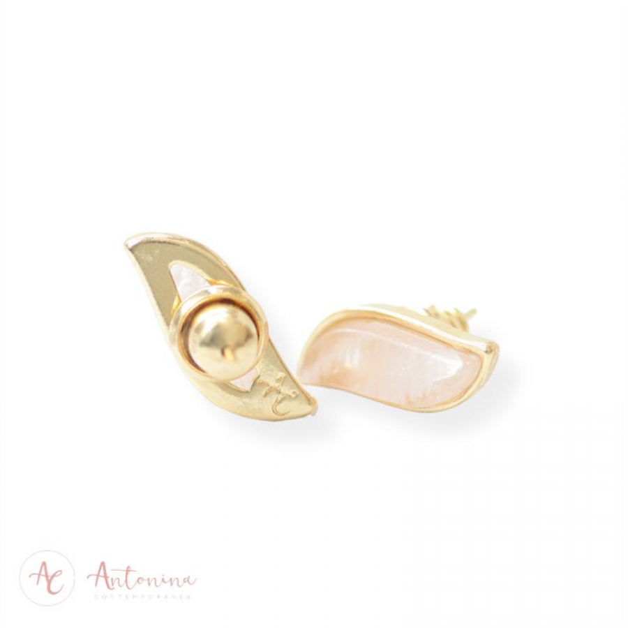Brinco Onda Quartzo Rosa Banhado Em Ouro 18k