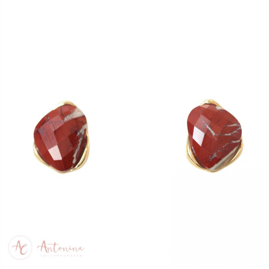 Brinco Orgânico Facetado Jaspe Terracota Banhado Em Ouro 18k