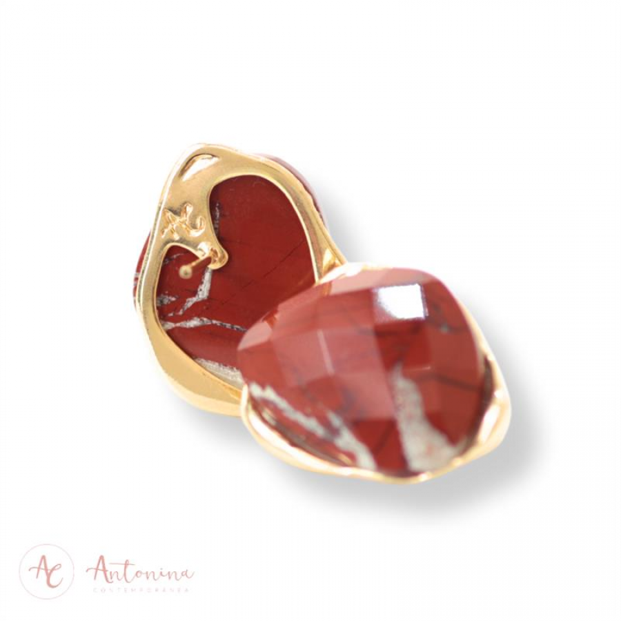 Brinco Orgânico Facetado Jaspe Terracota Banhado Em Ouro 18k