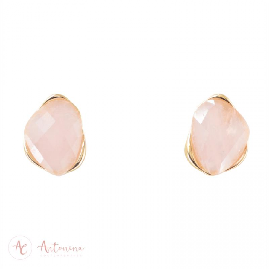 Brinco Orgânico Facetado Quartzo Rosa Banhado Em Ouro 18k
