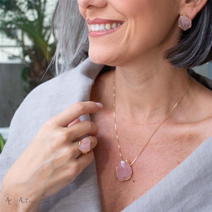 Brinco Orgânico Facetado Quartzo Rosa Banhado Em Ouro 18k