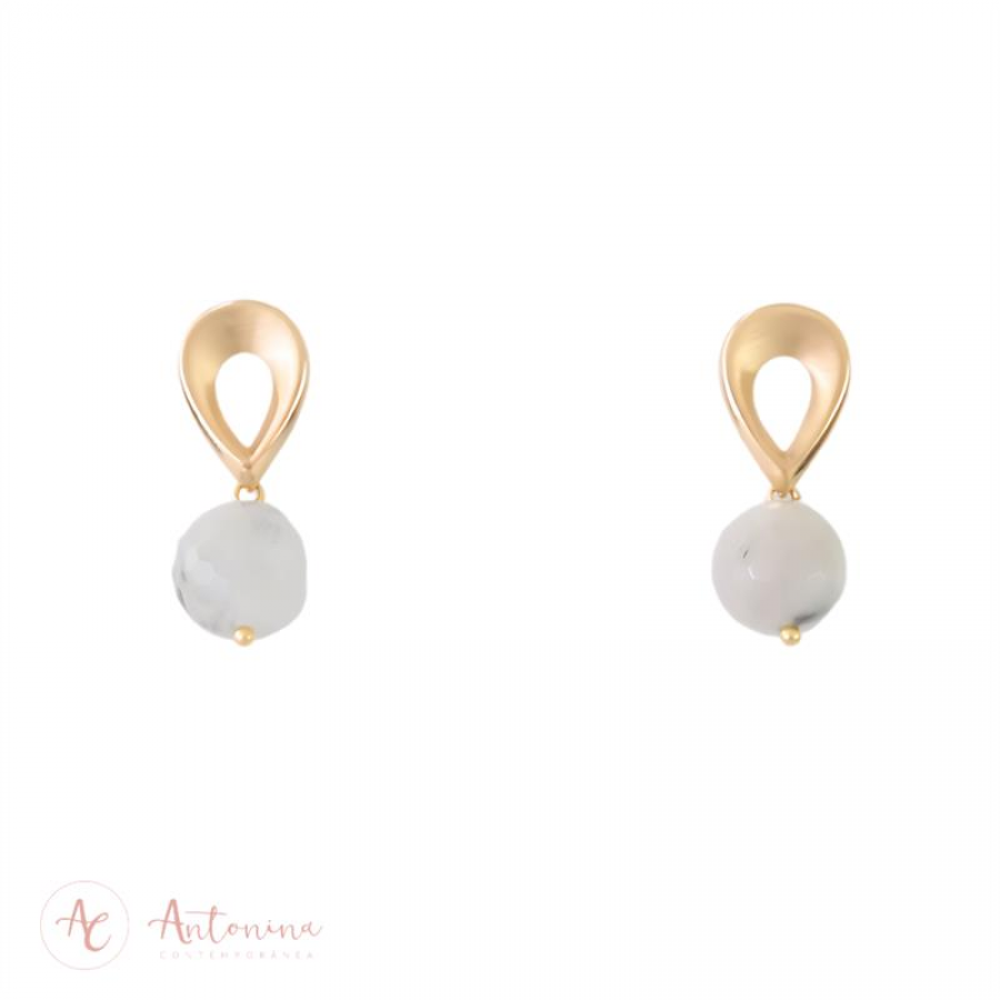 Brinco Gota Vazada Com Quartzo Turmalinado Banhado Em Ouro 18k