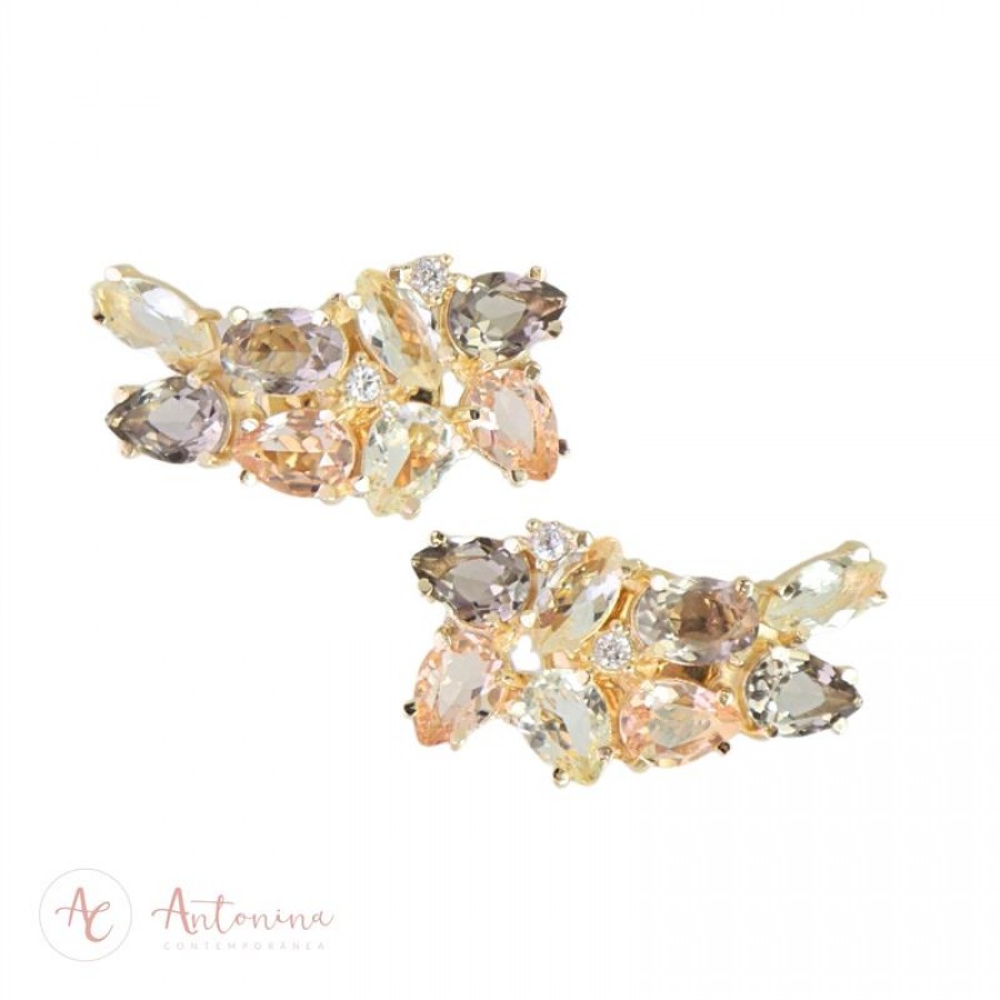 Brinco Ear Cuff Fumê, Citrino E Morganita Banhado Em Ouro 18k