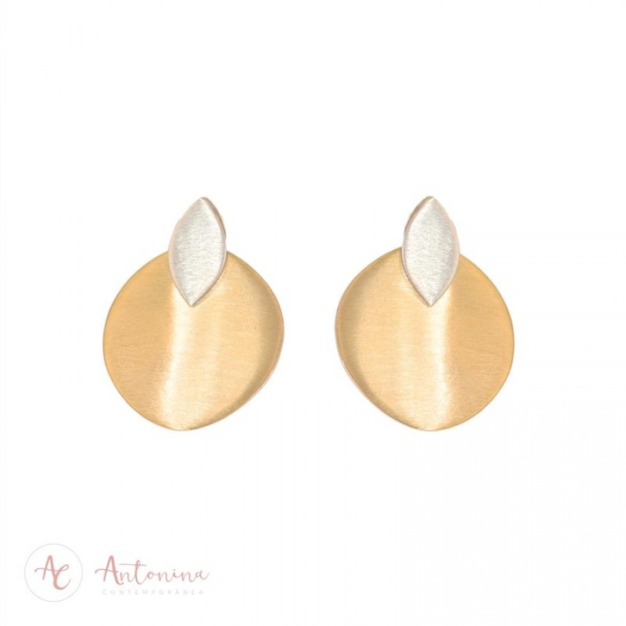 Brinco Base De Folha Com Pingente Circular Mix Banhado Em Ouro 18k